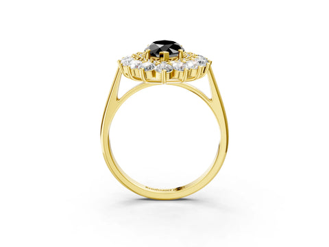 Yellow gold Fancy Black Marquise Cut Halo Cluster Diamond Ring with Pave Band and Four-Prong Setting_15