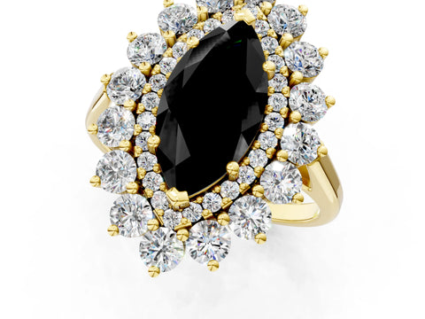 Yellow gold Fancy Black Marquise Cut Halo Cluster Diamond Ring with Pave Band and Four-Prong Setting_1
