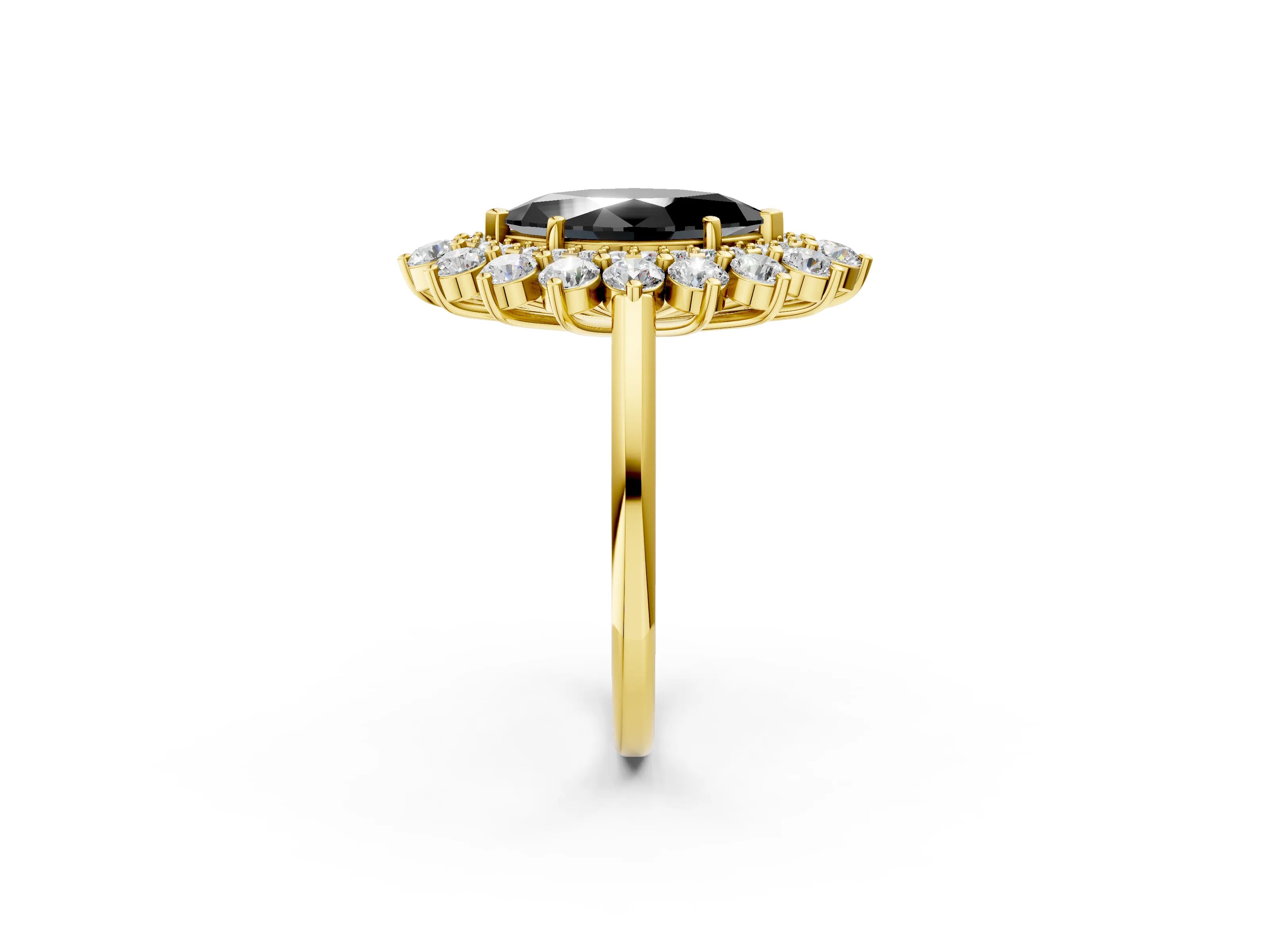 Yellow gold Fancy Black Marquise Cut Halo Cluster Diamond Ring with Pave Band and Four-Prong Setting_2