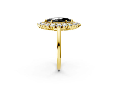 Yellow gold Fancy Black Marquise Cut Halo Cluster Diamond Ring with Pave Band and Four-Prong Setting_2