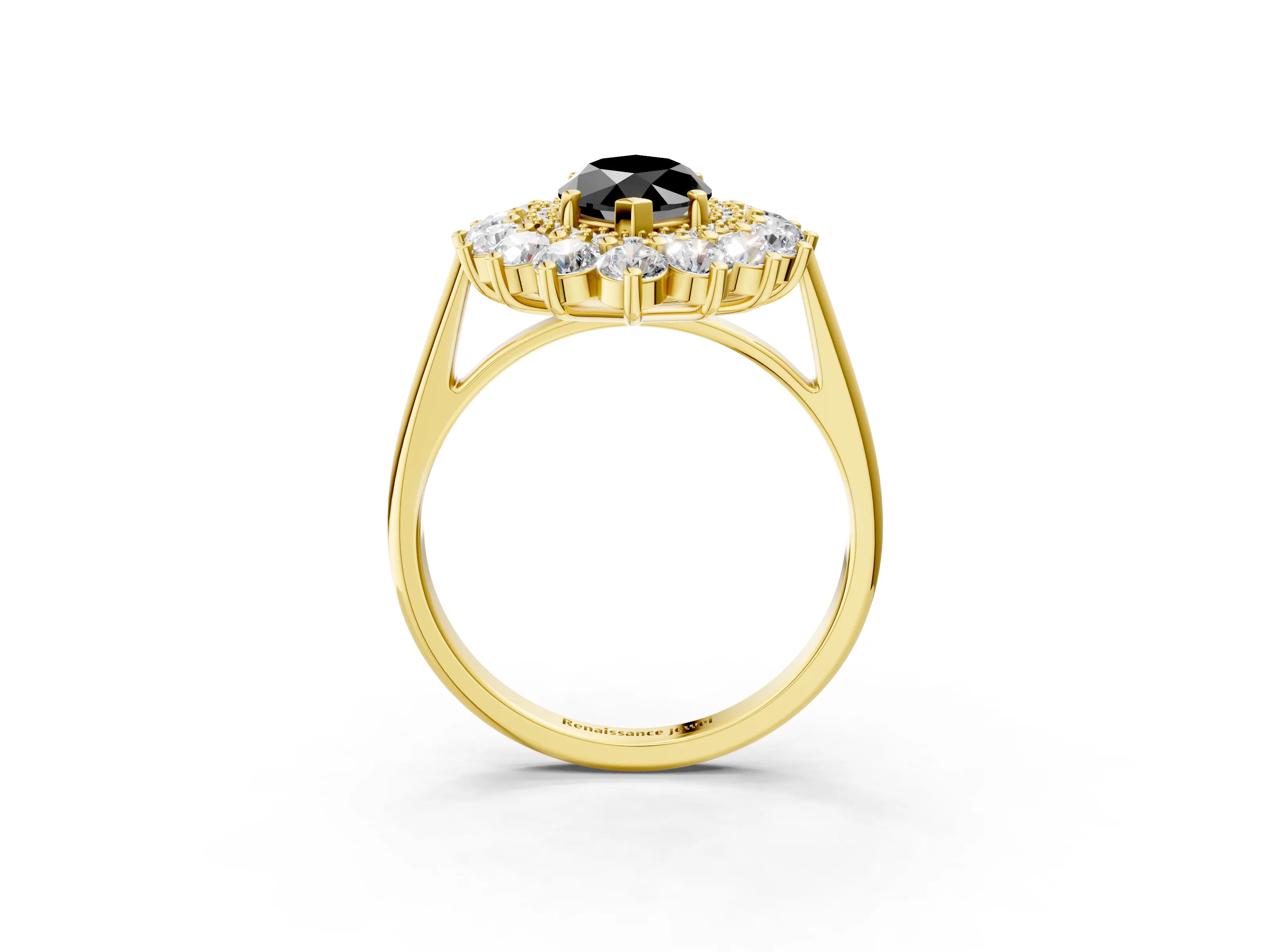 Yellow gold Fancy Black Marquise Cut Halo Cluster Diamond Ring with Pave Band and Four-Prong Setting_3