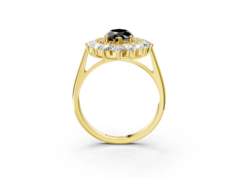 Yellow gold Fancy Black Marquise Cut Halo Cluster Diamond Ring with Pave Band and Four-Prong Setting_3