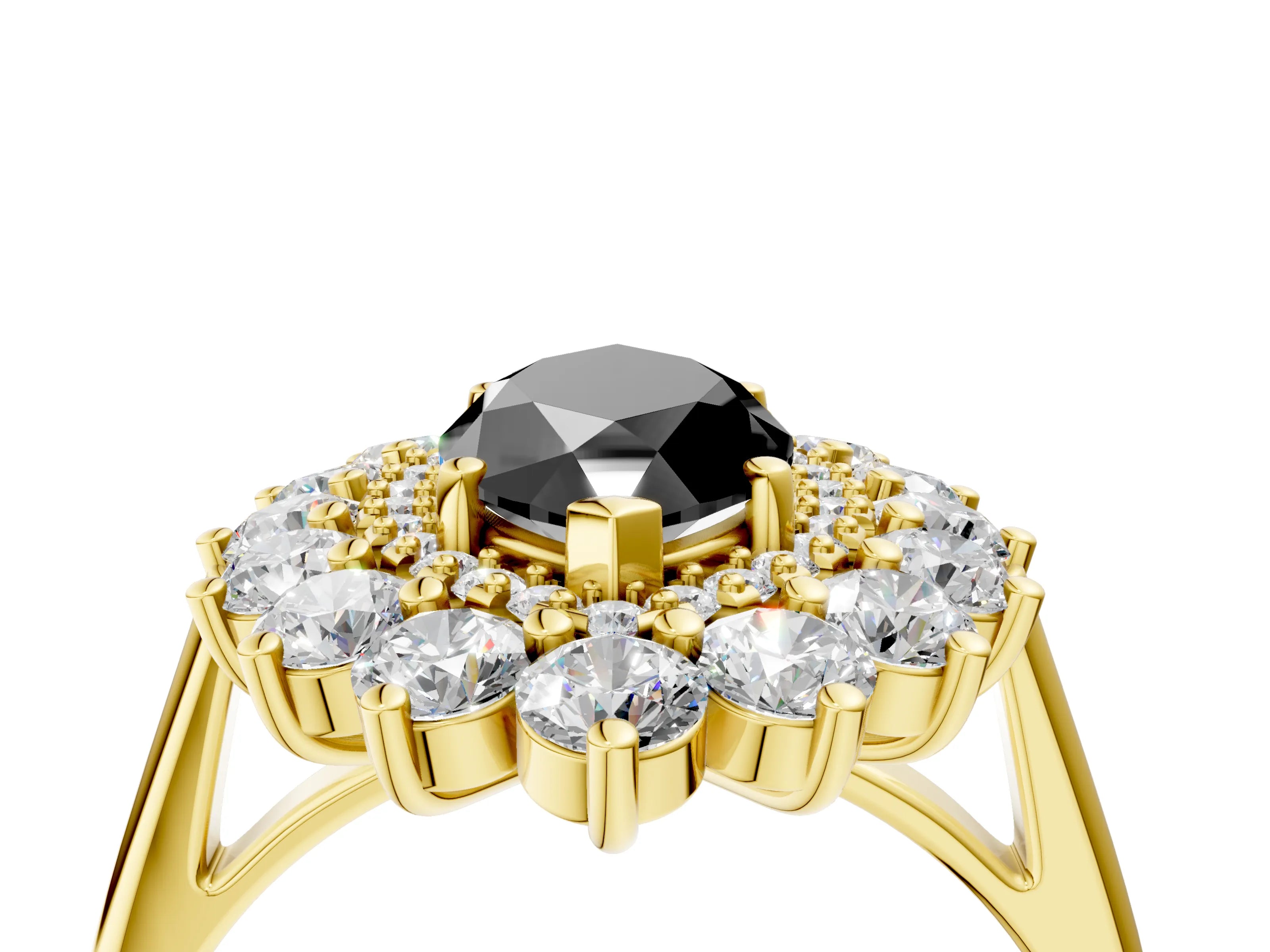 Yellow gold Fancy Black Marquise Cut Halo Cluster Diamond Ring with Pave Band and Four-Prong Setting_4