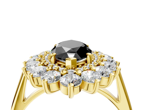 Yellow gold Fancy Black Marquise Cut Halo Cluster Diamond Ring with Pave Band and Four-Prong Setting_4
