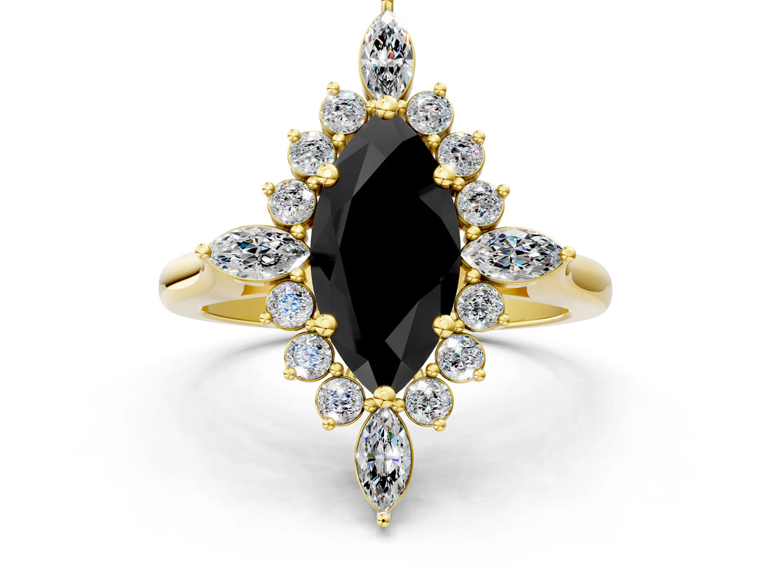 Yellow gold Fancy Black Marquise Cut Halo Diamond Cluster Ring with Marquise and Round Stones on a White Gold Band with Prong Setting
