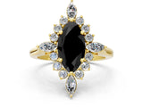Yellow gold Fancy Black Marquise Cut Halo Diamond Cluster Ring with Marquise and Round Stones on a White Gold Band with Prong Setting