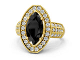 Yellow gold Fancy Black Marquise Cut Halo Diamond Engagement Ring with Pave Split Shank and Four-Prong Setting