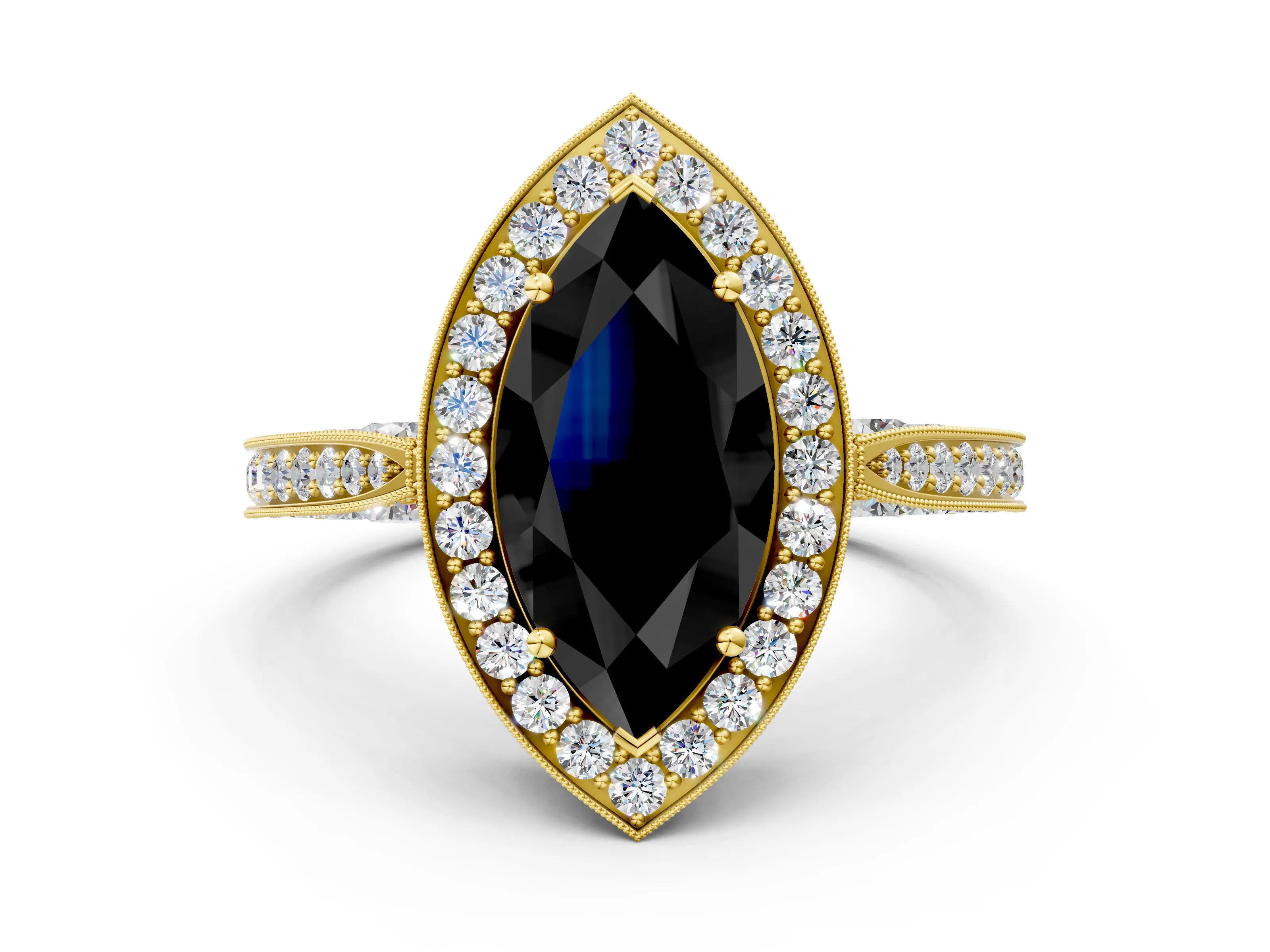 Yellow gold Fancy Black Marquise Cut Halo Diamond Engagement Ring with Split Shank Band and Four-Prong Setting