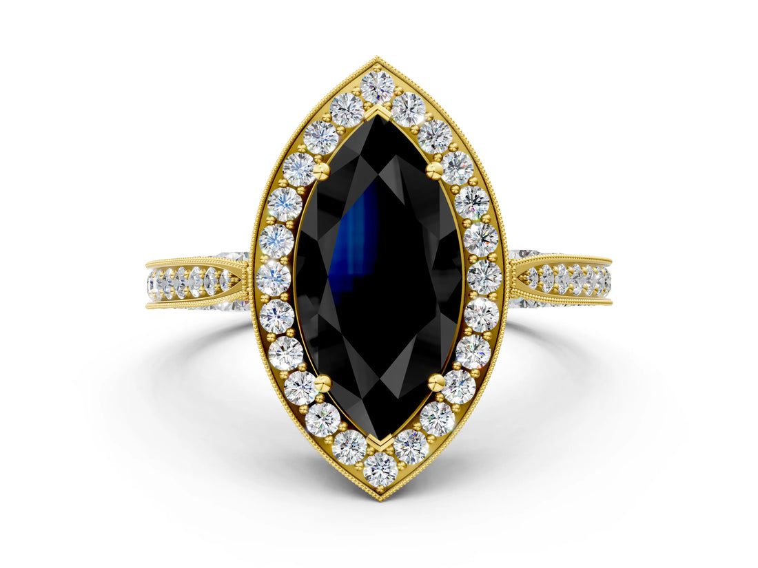 Yellow gold Fancy Black Marquise Cut Halo Diamond Engagement Ring with Split Shank Band and Four-Prong Setting