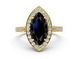 Yellow gold Fancy Black Marquise Cut Halo Diamond Engagement Ring with Split Shank Band and Four-Prong Setting