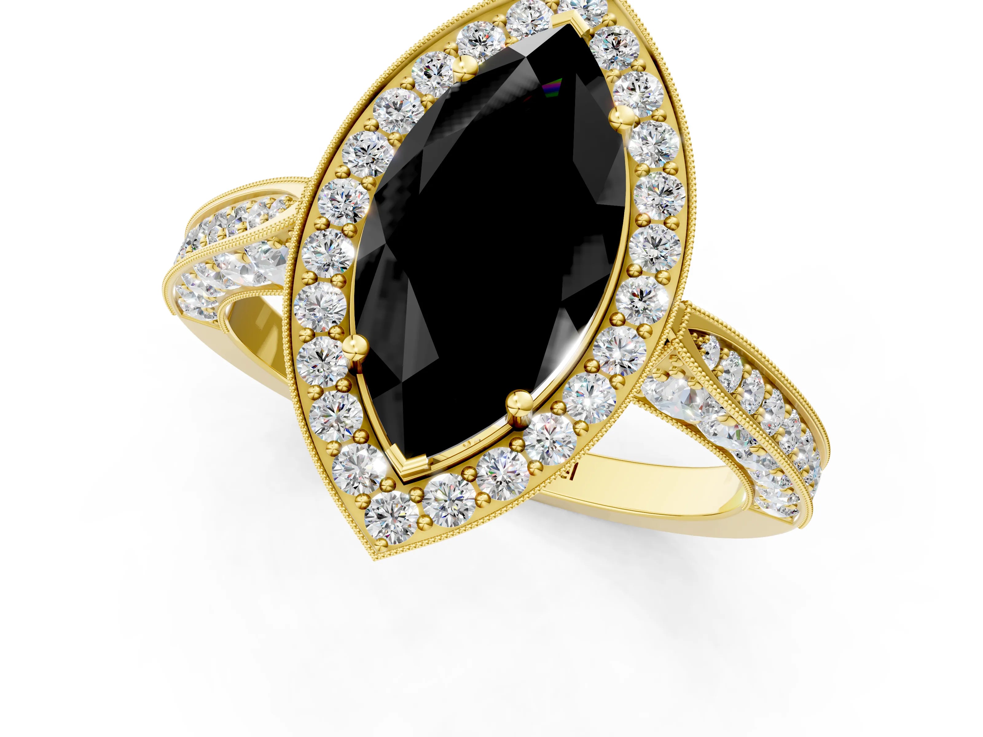 Yellow gold Fancy Black Marquise Cut Halo Diamond Engagement Ring with Split Shank Band and Four-Prong Setting_1