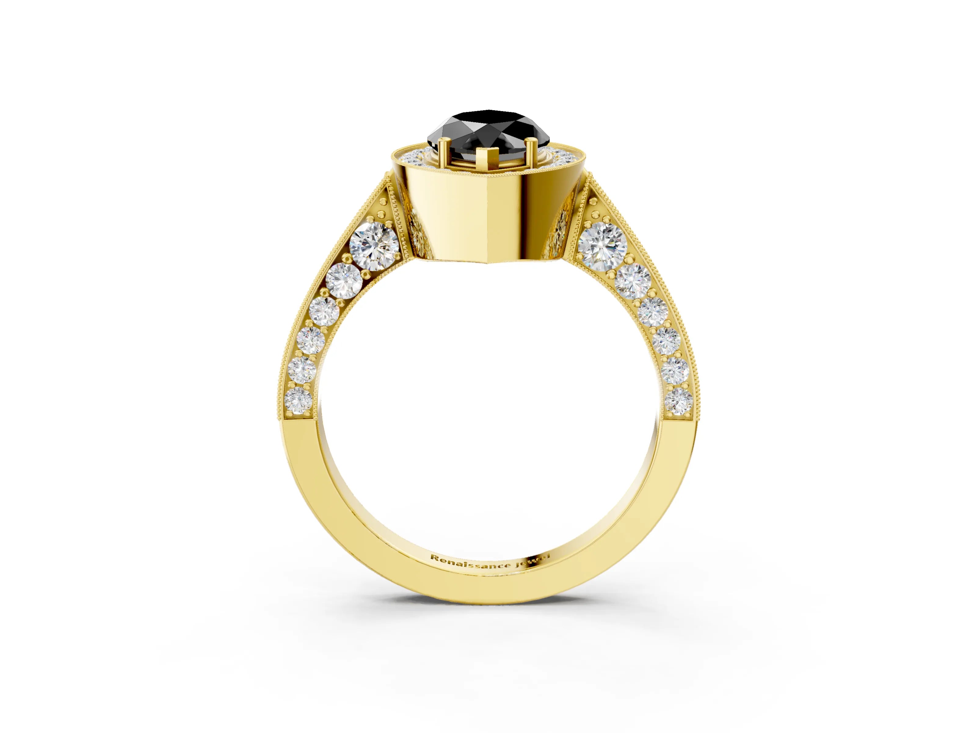 Yellow gold Fancy Black Marquise Cut Halo Diamond Engagement Ring with Split Shank Band and Four-Prong Setting_3