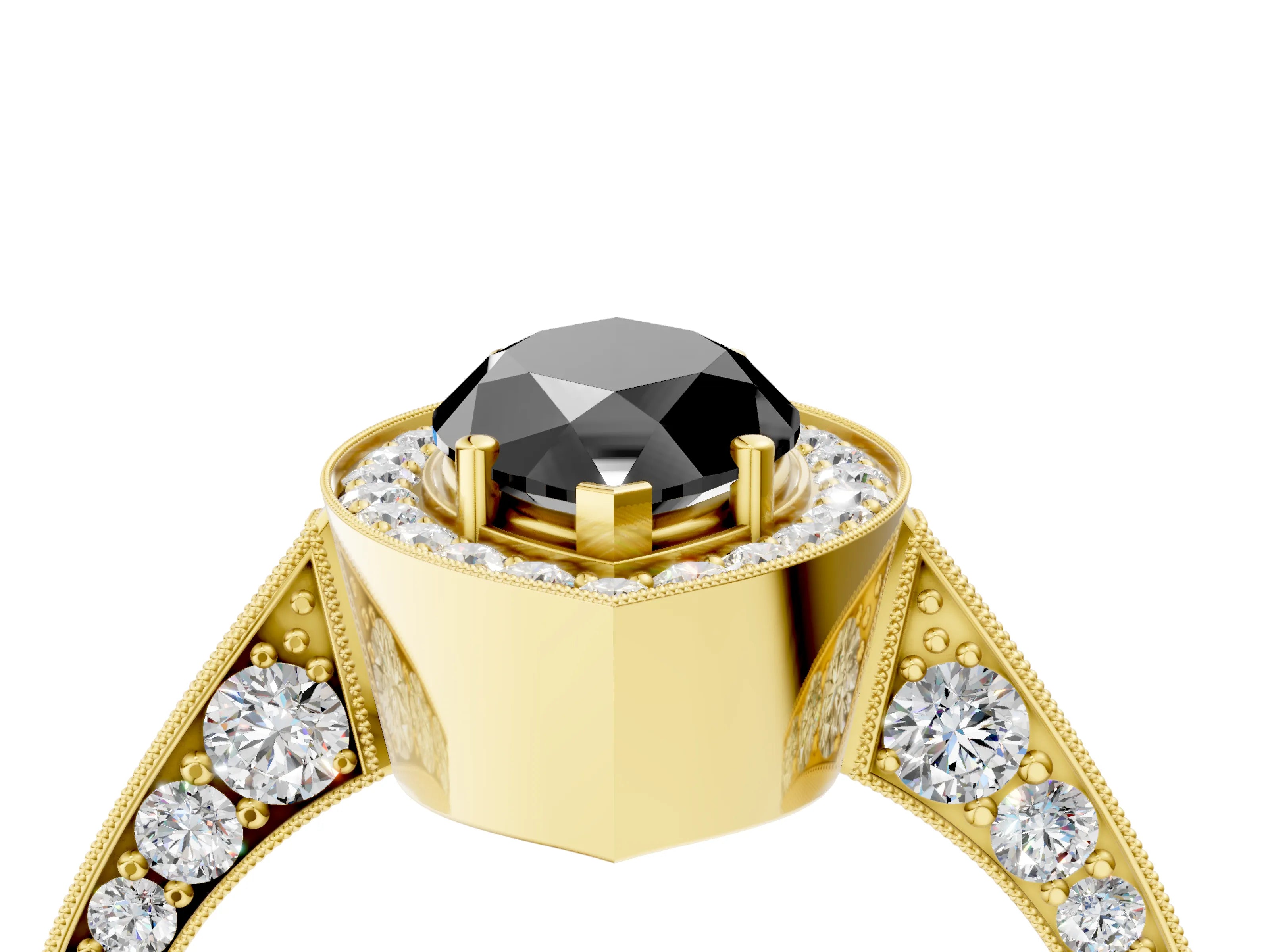 Yellow gold Fancy Black Marquise Cut Halo Diamond Engagement Ring with Split Shank Band and Four-Prong Setting_4