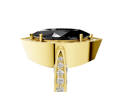 Yellow gold Fancy Black Marquise Cut Halo Diamond Engagement Ring with Split Shank Band and Four-Prong Setting_5