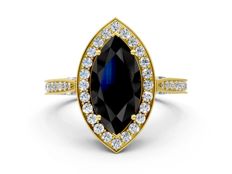 Yellow gold Fancy Black Marquise Cut Halo Diamond Engagement Ring with Split Shank Band and Four-Prong Setting
