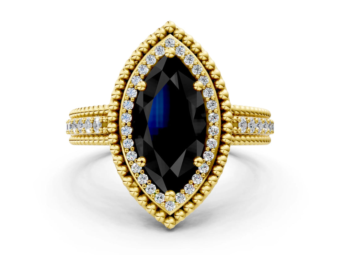 Yellow gold Fancy Black Marquise Cut Halo Diamond Ring with Beaded Split Shank and Four-Prong Setting