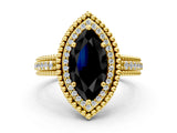 Yellow gold Fancy Black Marquise Cut Halo Diamond Ring with Beaded Split Shank and Four-Prong Setting