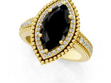 Yellow gold Fancy Black Marquise Cut Halo Diamond Ring with Beaded Split Shank and Four-Prong Setting_1
