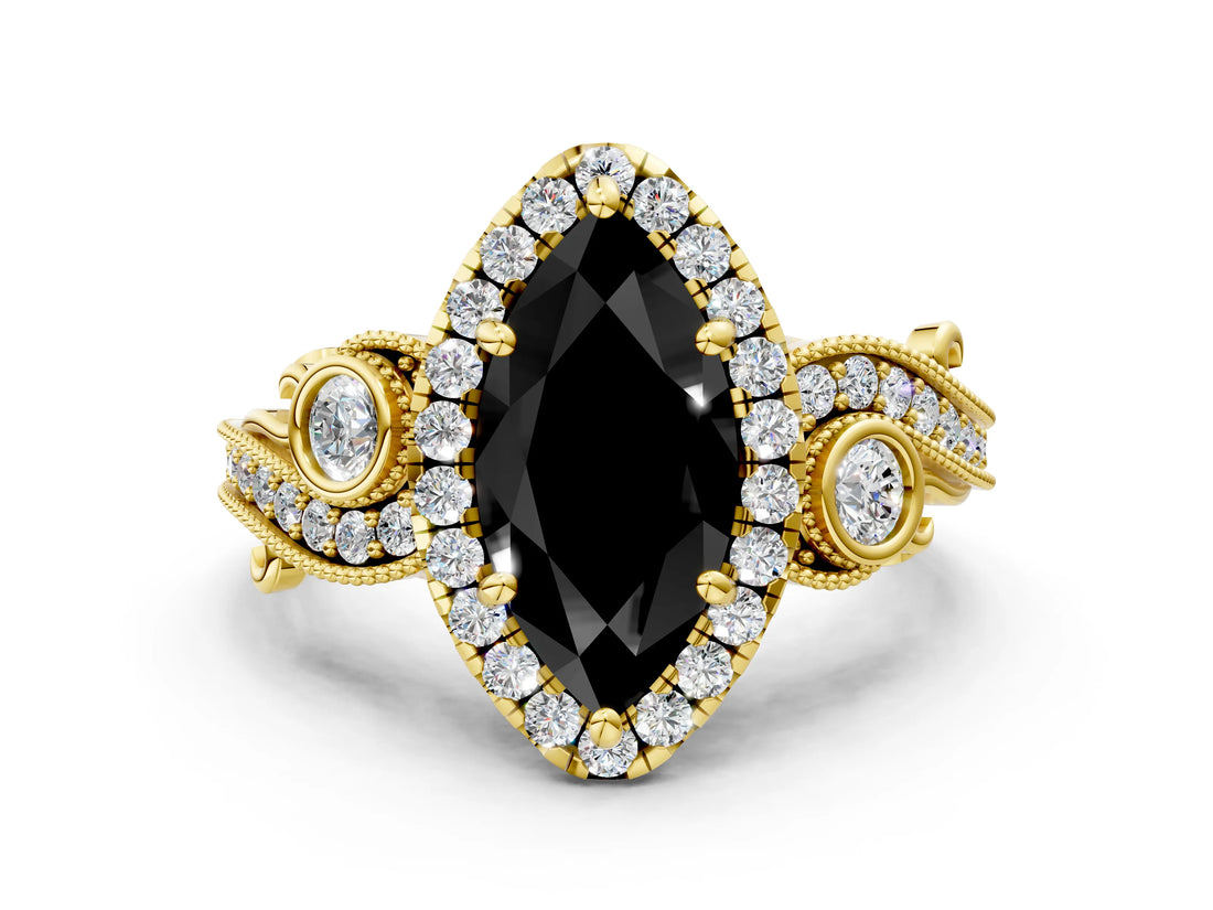 Yellow gold Fancy Black Marquise Cut Halo Diamond Ring with Milgrain and Bezel Accents on a Split Shank Band_12