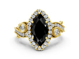 Yellow gold Fancy Black Marquise Cut Halo Diamond Ring with Milgrain and Bezel Accents on a Split Shank Band_12