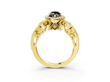 Yellow gold Fancy Black Marquise Cut Halo Diamond Ring with Milgrain and Bezel Accents on a Split Shank Band_15