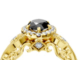 Yellow gold Fancy Black Marquise Cut Halo Diamond Ring with Milgrain and Bezel Accents on a Split Shank Band_16