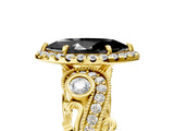 Yellow gold Fancy Black Marquise Cut Halo Diamond Ring with Milgrain and Bezel Accents on a Split Shank Band_17