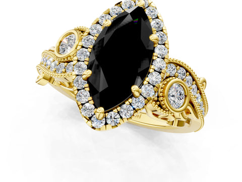 Yellow gold Fancy Black Marquise Cut Halo Diamond Ring with Milgrain and Bezel Accents on a Split Shank Band_1