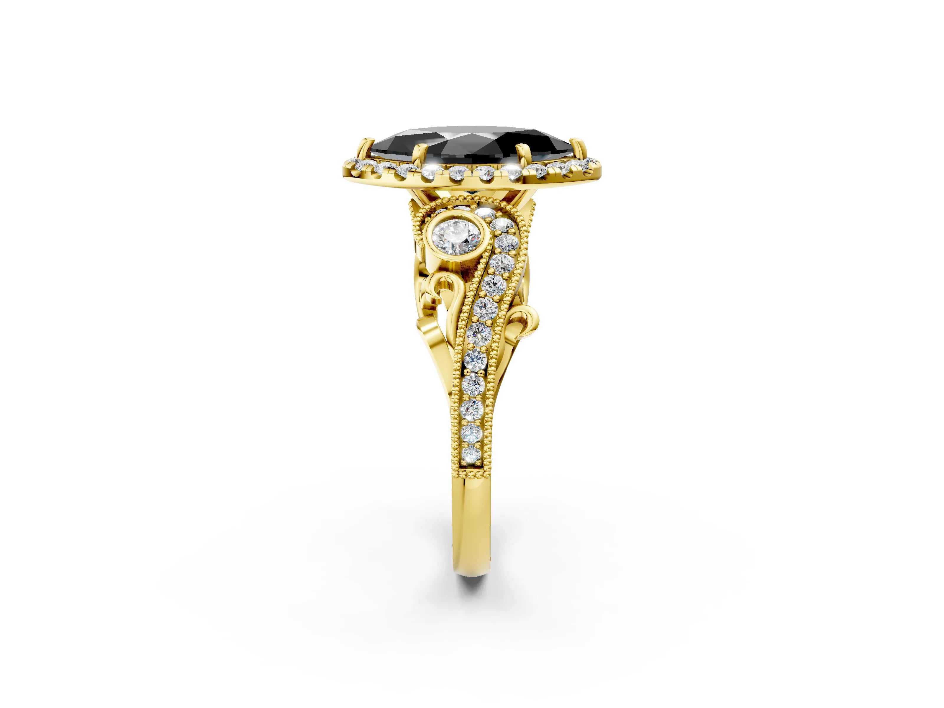 Yellow gold Fancy Black Marquise Cut Halo Diamond Ring with Milgrain and Bezel Accents on a Split Shank Band_2