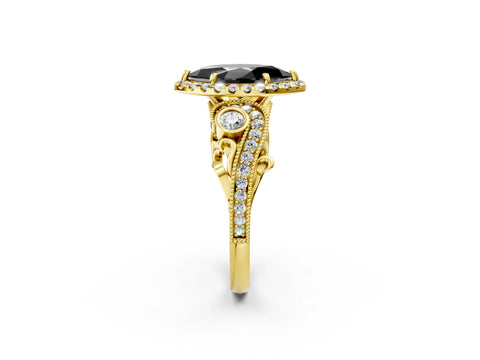 Yellow gold Fancy Black Marquise Cut Halo Diamond Ring with Milgrain and Bezel Accents on a Split Shank Band_2