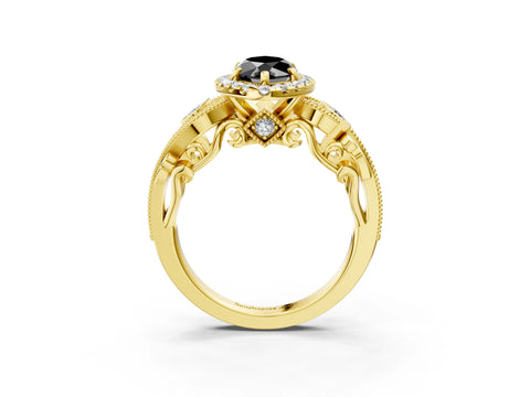 Yellow gold Fancy Black Marquise Cut Halo Diamond Ring with Milgrain and Bezel Accents on a Split Shank Band_3