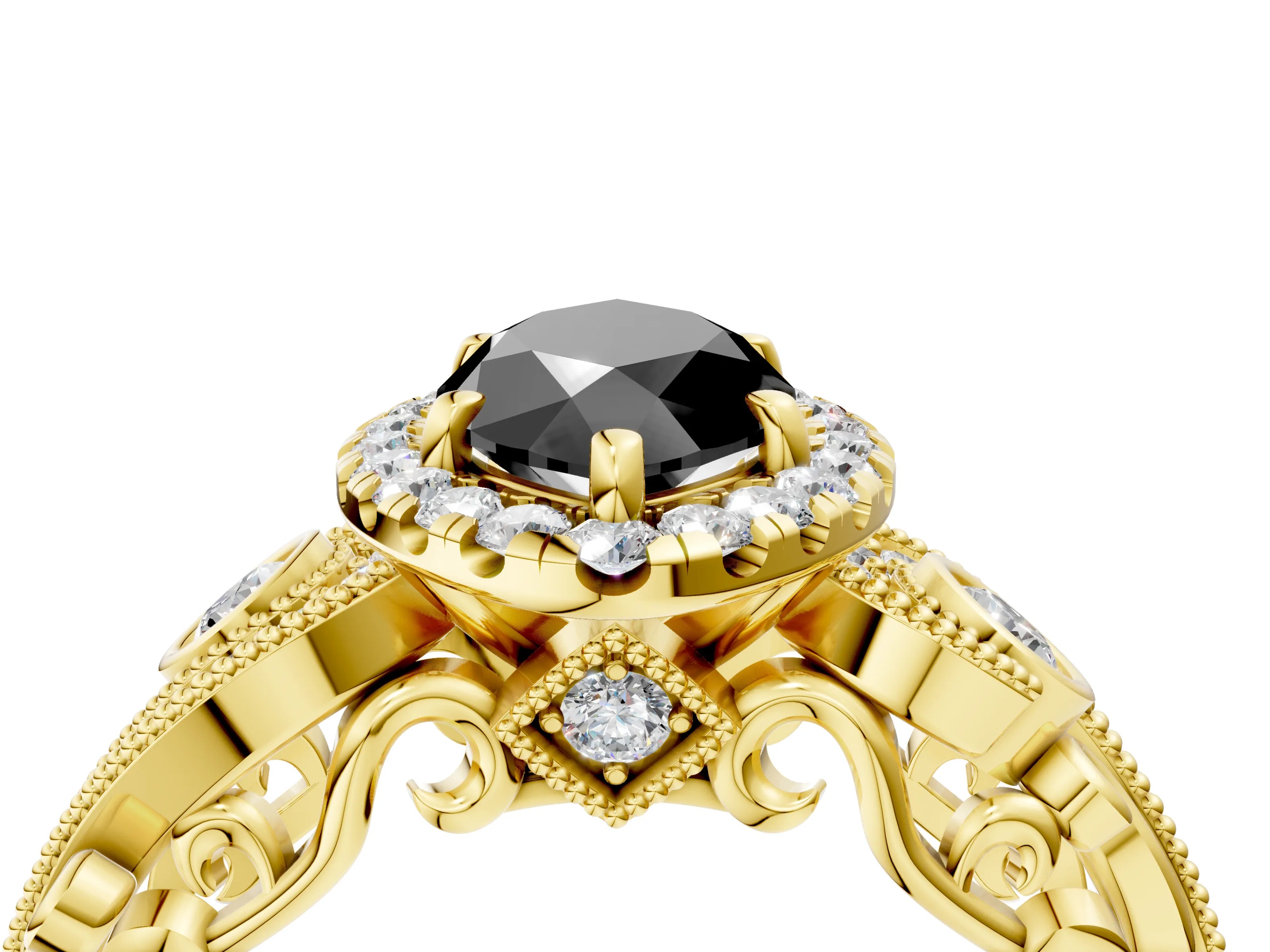 Yellow gold Fancy Black Marquise Cut Halo Diamond Ring with Milgrain and Bezel Accents on a Split Shank Band_4