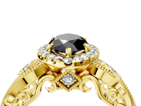 Yellow gold Fancy Black Marquise Cut Halo Diamond Ring with Milgrain and Bezel Accents on a Split Shank Band_4
