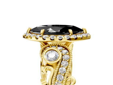 Yellow gold Fancy Black Marquise Cut Halo Diamond Ring with Milgrain and Bezel Accents on a Split Shank Band_5