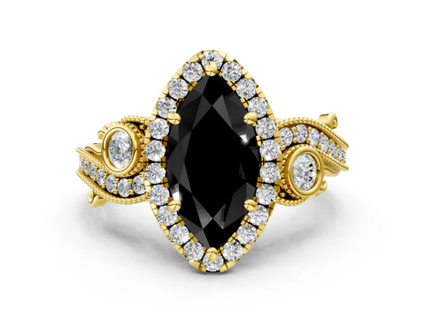 Yellow gold Fancy Black Marquise Cut Halo Diamond Ring with Milgrain and Bezel Accents on a Split Shank Band