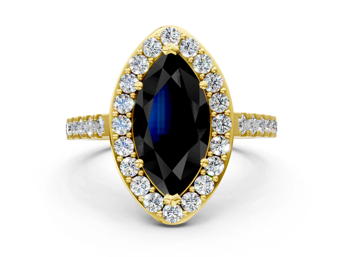 Yellow gold Fancy Black Marquise Cut Halo Diamond Ring with Pavé Band and Three-Prong Setting