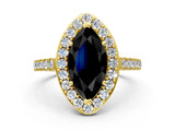 Yellow gold Fancy Black Marquise Cut Halo Diamond Ring with Pavé Band and Three-Prong Setting