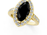 Yellow gold Fancy Black Marquise Cut Halo Diamond Ring with Pavé Band and Three-Prong Setting_1