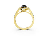 Yellow gold Fancy Black Marquise Cut Halo Diamond Ring with Pavé Band and Three-Prong Setting_3