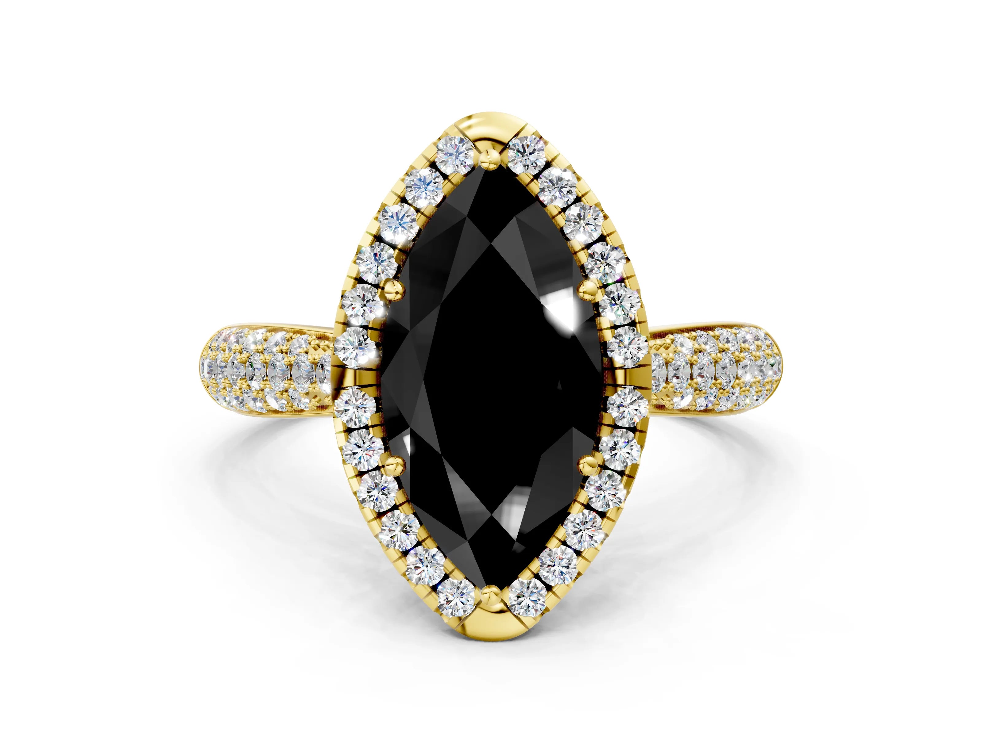 Yellow gold Fancy Black Marquise Cut Halo Diamond Ring with Pavé Band
