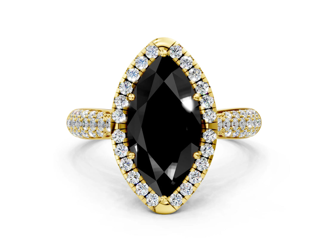 Yellow gold Fancy Black Marquise Cut Halo Diamond Ring with Pavé Band