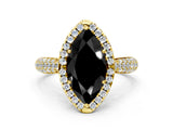 Yellow gold Fancy Black Marquise Cut Halo Diamond Ring with Pavé Band