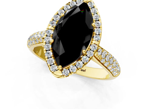 Yellow gold Fancy Black Marquise Cut Halo Diamond Ring with Pavé Band_1
