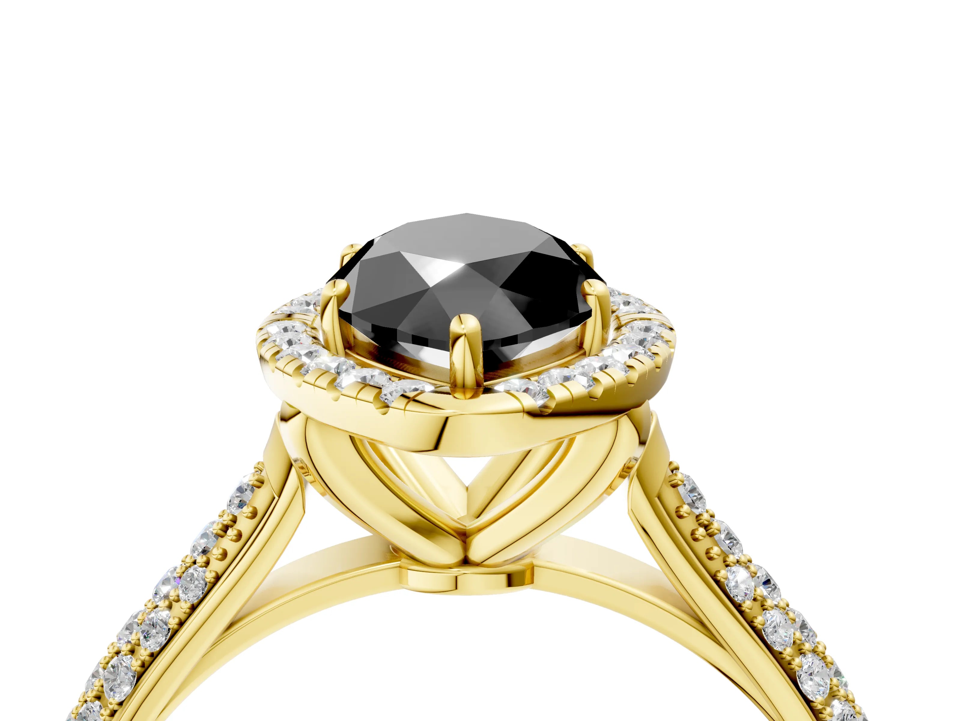 Yellow gold Fancy Black Marquise Cut Halo Diamond Ring with Pavé Band_4