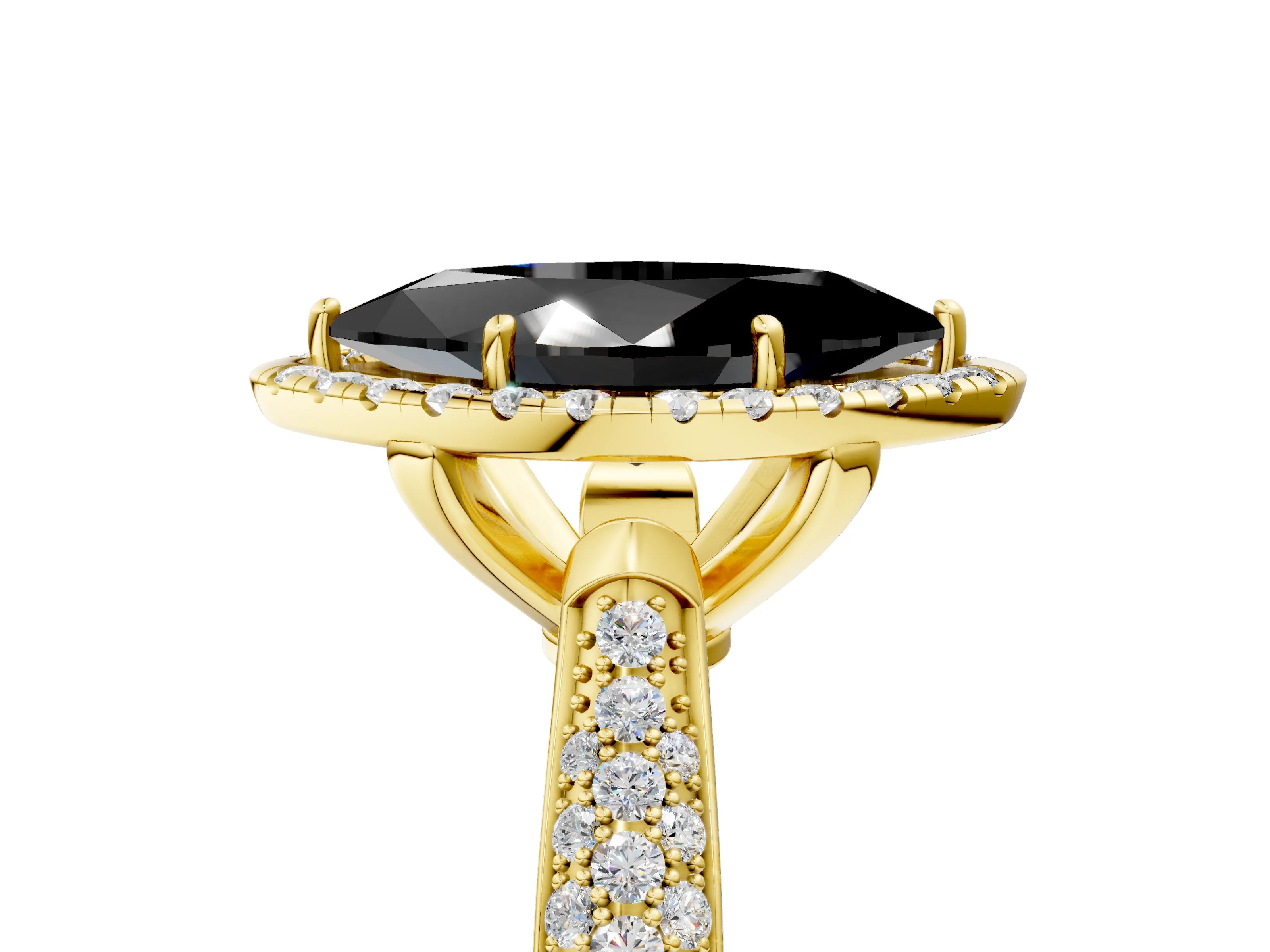 Yellow gold Fancy Black Marquise Cut Halo Diamond Ring with Pavé Band_5