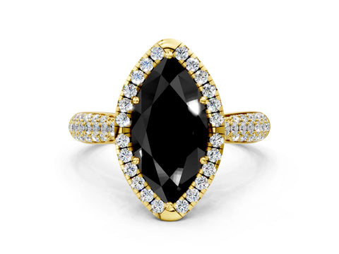 Yellow gold Fancy Black Marquise Cut Halo Diamond Ring with Pavé Band