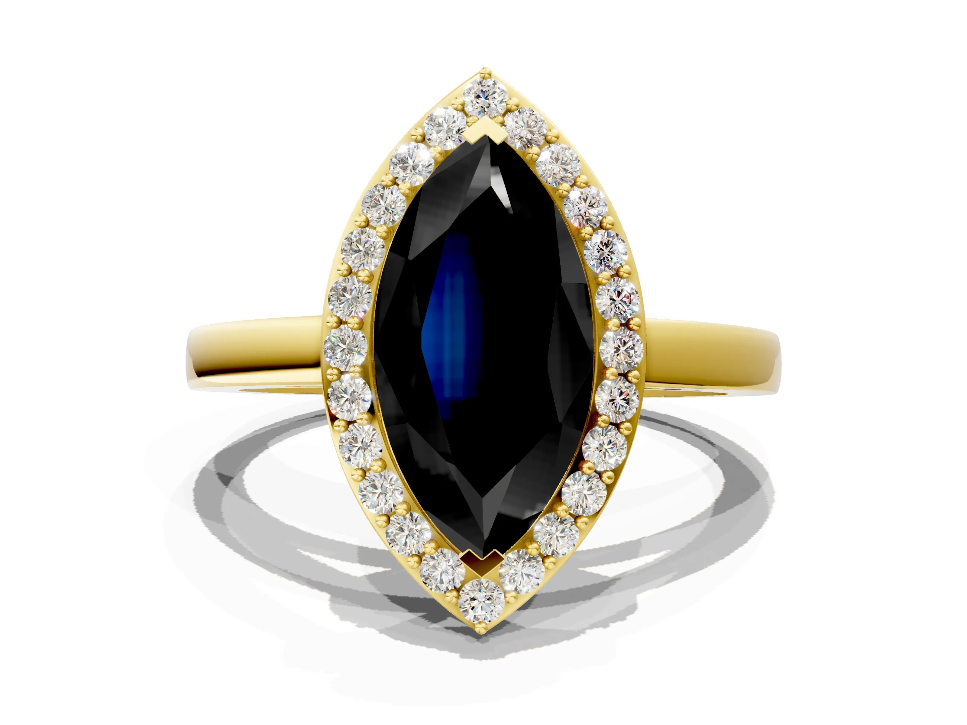 Yellow gold Fancy Black Marquise Cut Halo Diamond Ring with Solitaire Band and Prong Setting