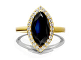 Yellow gold Fancy Black Marquise Cut Halo Diamond Ring with Solitaire Band and Prong Setting