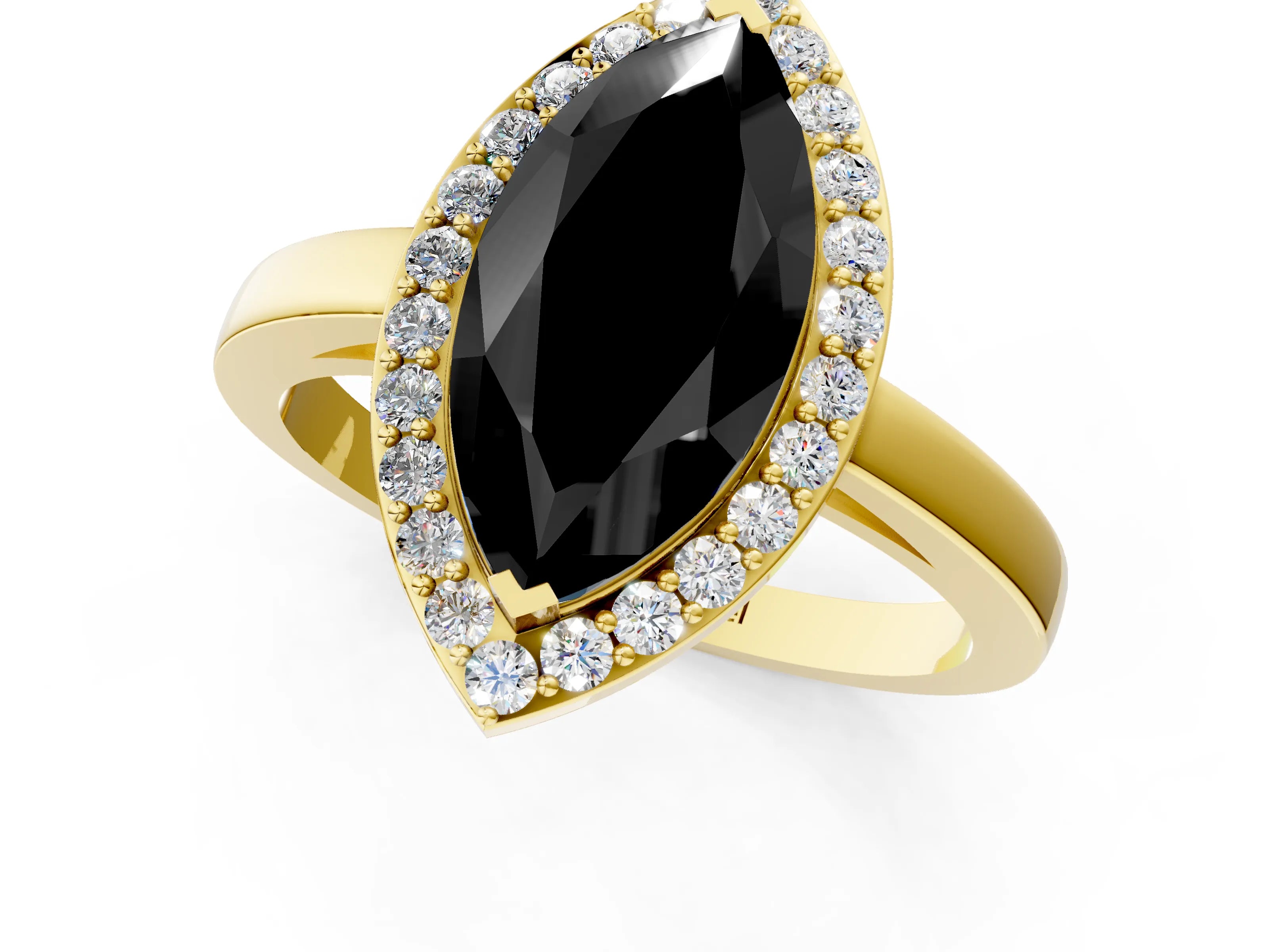 Yellow gold Fancy Black Marquise Cut Halo Diamond Ring with Solitaire Band and Prong Setting_1