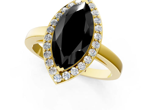 Yellow gold Fancy Black Marquise Cut Halo Diamond Ring with Solitaire Band and Prong Setting_1